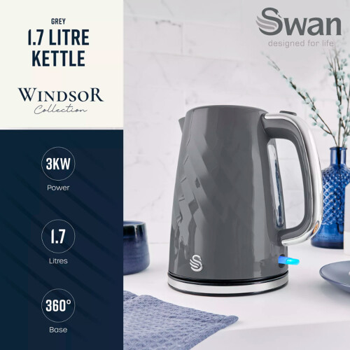 Swan Swan Electric Kettle Windsor Rapid Boil 1.7L Removable Limescale Filter Grey 1