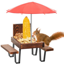 Wood Squirrel Feeder with Umbrella, Squirrel Feeder Picnic Table for Outside with Corn Cob Holder
