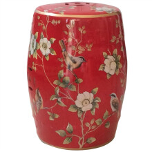 Decorative Ceramic Garden Stool, Glazed HandPainted Flower and Bird, Red, Suitable for Outdoor Garden, Living Room, Terrace