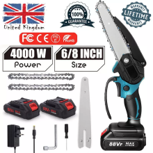 2 Battery 4000W Mini Chainsaw Cordless 6/8'' Electric Saw Wood Cutter