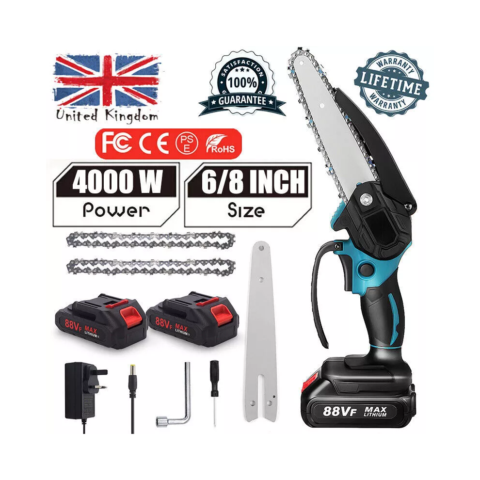 2 Battery 4000W Mini Chainsaw Cordless 6/8'' Electric Saw Wood Cutter