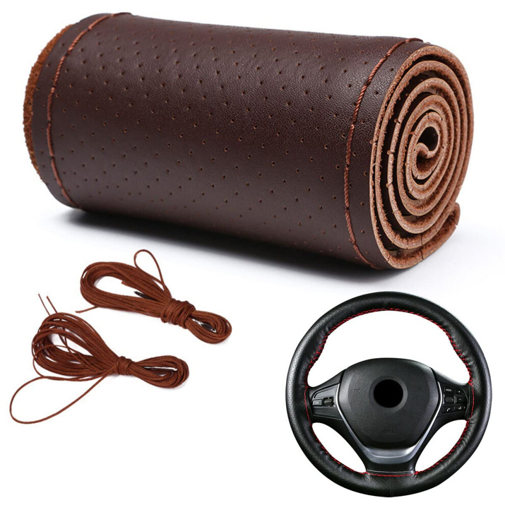 Car Steering Wheel Cover Universal Fit Round Stitch Steering Wheel Wrap Thin Leather Steering Wheel Cover Sewn On 15' Car Wheel (Coffee) 354398707165
