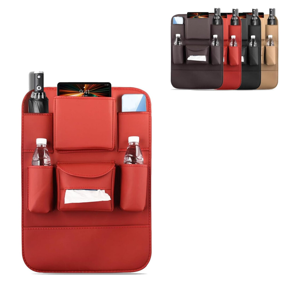 Obbarde Car Seat Back Organizer, Premium Leather With 7 Pockets, Universal Fit, (Red) Red 354398709718