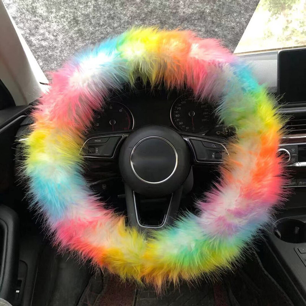Colorful Fluffy Steering Wheel Cover For Women, Fuzzy Winter Warm Furry Car Decor 354398721314