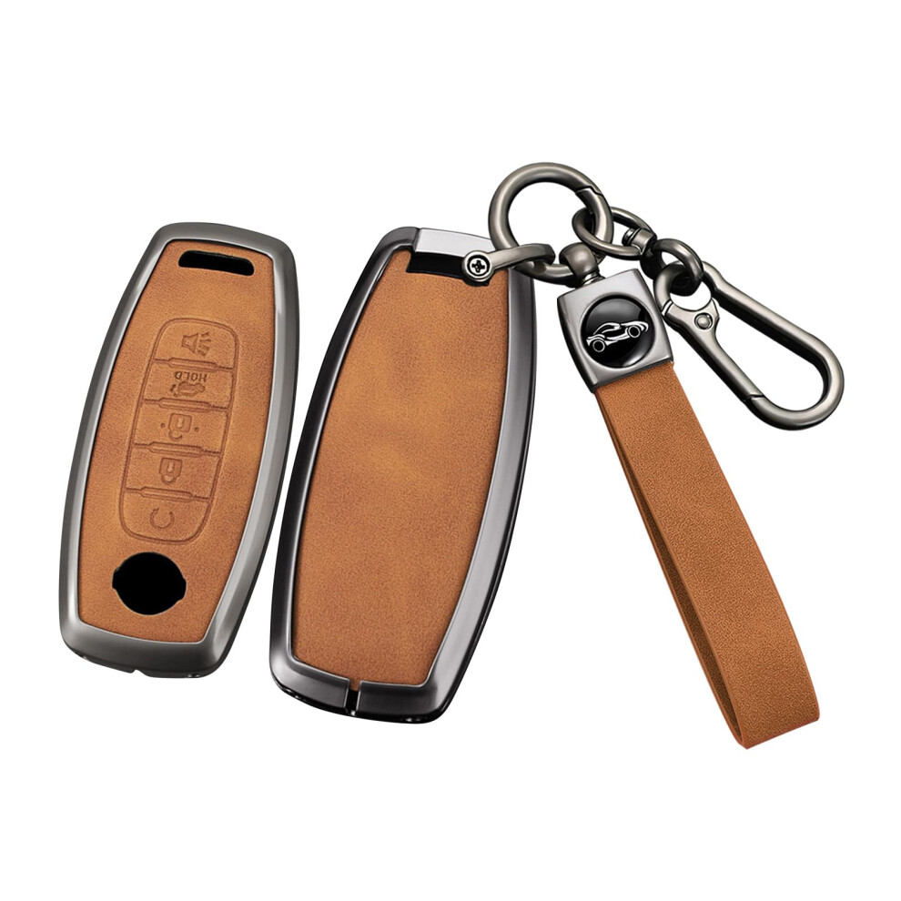 Metal Leather 5 Button Key Fob Cover Fit For Nissan Rogue Pathfinder Versa Kicks Sentra Ariya Keyless Key Holder With Keychain Brown 354398723936