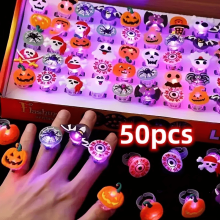 (50pcs) 10/20/50pcs Ring Packs LED Light Halloween Ring Glowing Pumpkin Skull Ring Gift, Halloween Christmas Party Decoration Home Horror Supplies