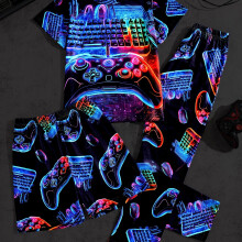 (Black, 13Y) 3pcs Vibrant Neon Gamer Pajama Set - Comfortable Flame Retardant Polyester Blend, Machine Washable - Ideal for Spring/Summer/Fall Nights