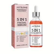 (30ml) 5-in-1 Facial Serum with Hyaluronic Acid, Collagen, Niacinamide, Vitamin C & E - Pore Minimizing Hydration Formula, All Light Beige Types