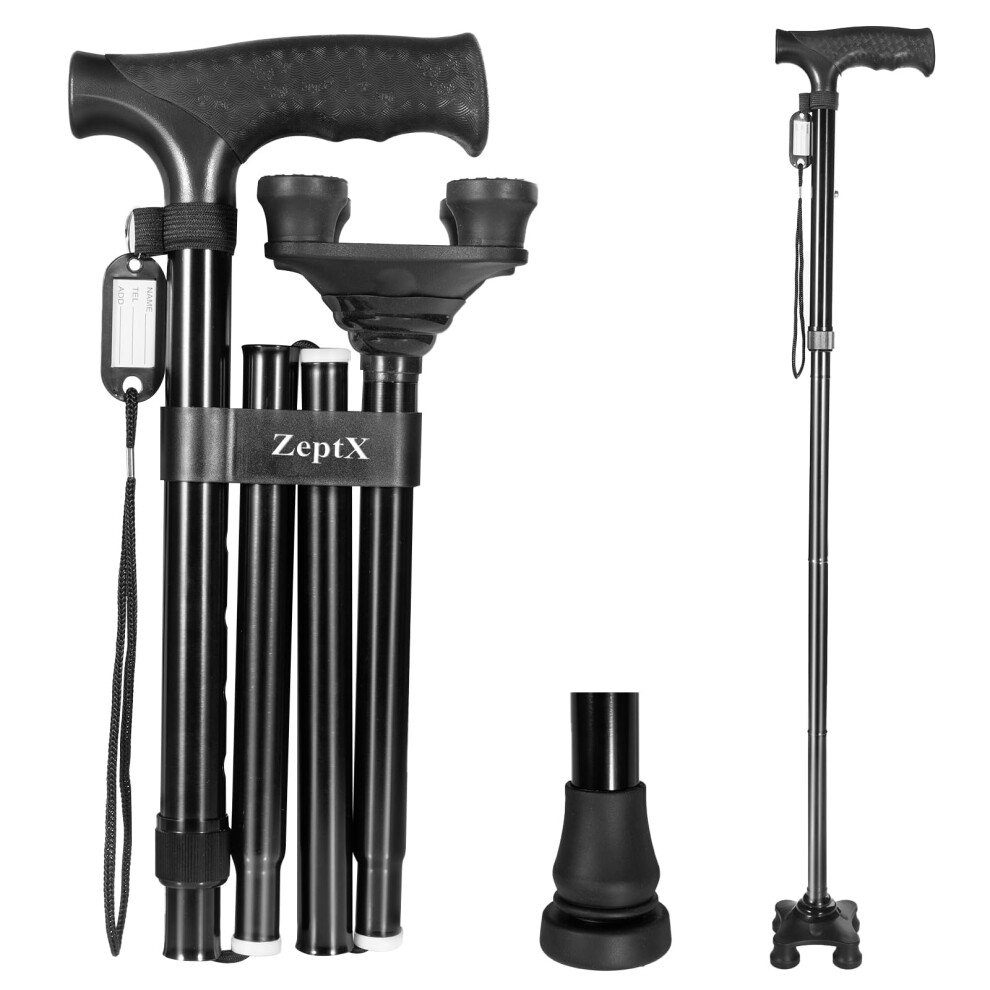 Folding Walking Quad Cane Ultra Sturdy Height Adjustable Nonslip Rubber Tips Free Standing Collapsible for Seniors Refï¼gvX
