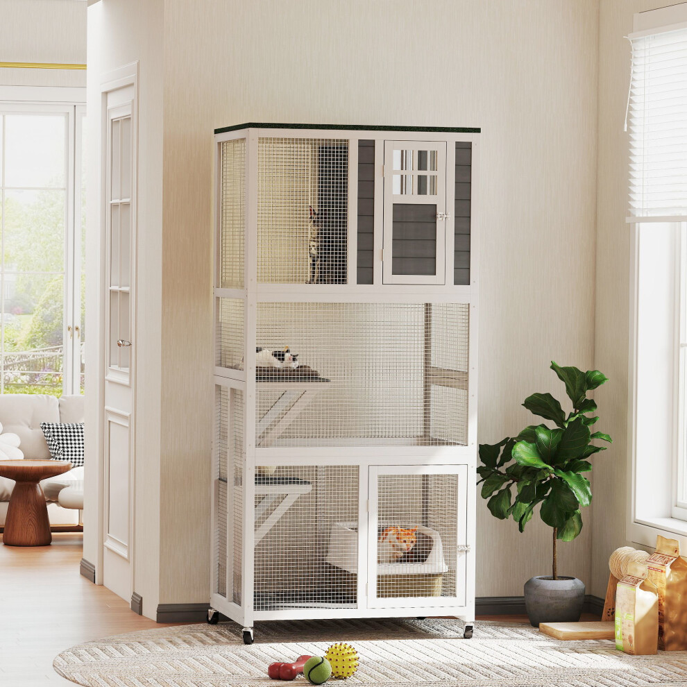 Bobobiy White Wooden Catio Cat Outdoor Enclosure, Cat Cage With Waterproof Roof, Platforms, For Multiple Cats, - Image 4