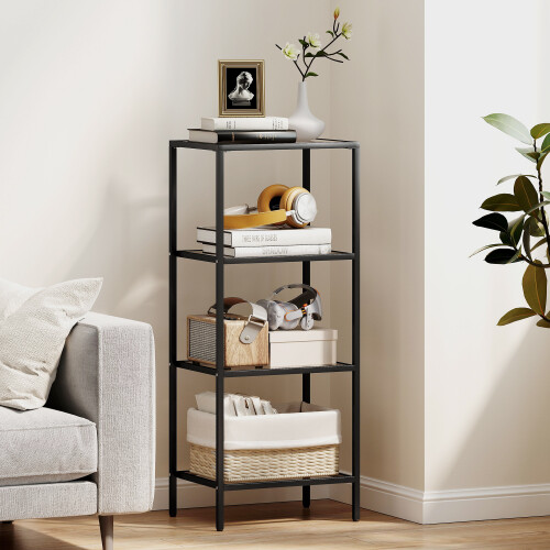 HOMCOM 4-Tier Shelving Unit Modern Glass Shelf Bookshelf for Home Black ...