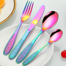 (Multicolor, 32pcs) Rainbow Daisy Carved Cutlery Set, 24/32pcs Stainless Steel Flatware Set, Including Spoon Fork and Knife, Flower Pattern Tableware Set