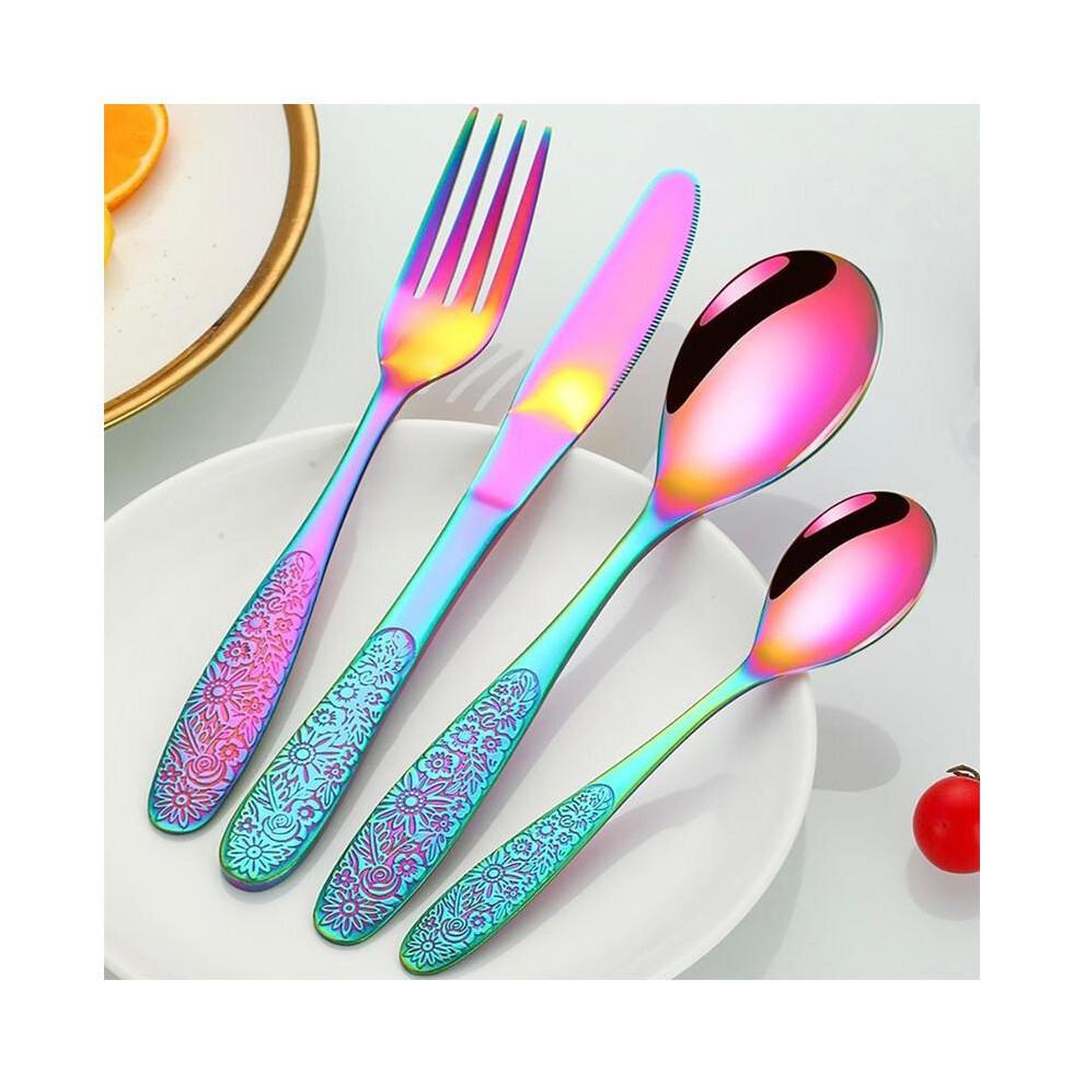 (Multicolor, 32pcs) Rainbow Daisy Carved Cutlery Set, 24/32pcs Stainless Steel Flatware Set, Including Spoon Fork and Knife, Flower Pattern Tableware
