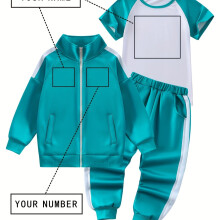 (Peacock Blue, 11-12Y) New Boys' 3pcs Set: Green Sports Short-Sleeve T-Shirt with Lapel and Zipper Jacket, Customizable Letter & Number Print Long Pants Performance