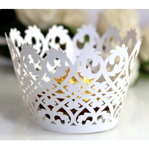 (White) Cupcake Wrappers Lace Filigree Wedding Cases Liners Papers Wraps Decorative 50X 1