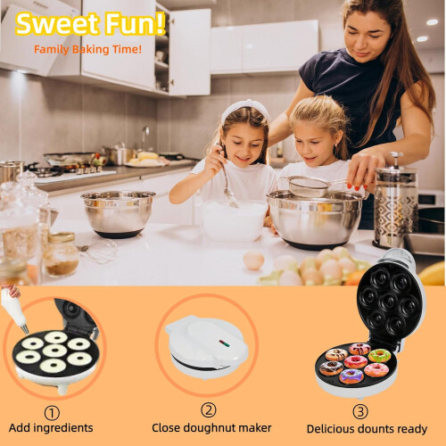 Mini Donut Maker Machine for Kid-Electric Non-Stick Surface Makes 7 Mini Doughnuts-Friendly Breakfast, Snacks, Desserts-White 1