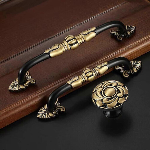 (As show, One size) 2 Pack 5'' Brass Cabinet Pulls Antique Floral Pattern Cupboard Handle Drawer Pulls Solid Brass Kitchen Hardware Matte (5 Hole Center, Black) 2