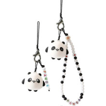 (As show, One size) 2Pcs Couple's Phone Lanyard Wrist Strap Anti-Lost Charm Panda Cartoon Keychain Kawaii Acrylic Beads Lanyard for Boys Girls Black