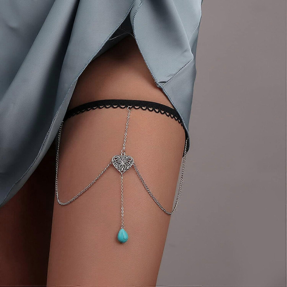 (As show, One size) Boho Turquoise Leg Chain Vintage Butterfly Heart Pendant Thigh Chain Silver Turquoise Body Chain Elastic Thigh High Chain-image-OPC-PHYYV9W-NEW