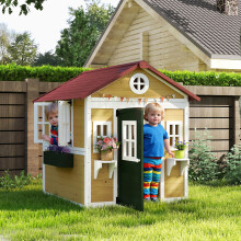 Outsunny Wooden Playhouse with Doors, Wooden, Plant Pots for Kids - Beige