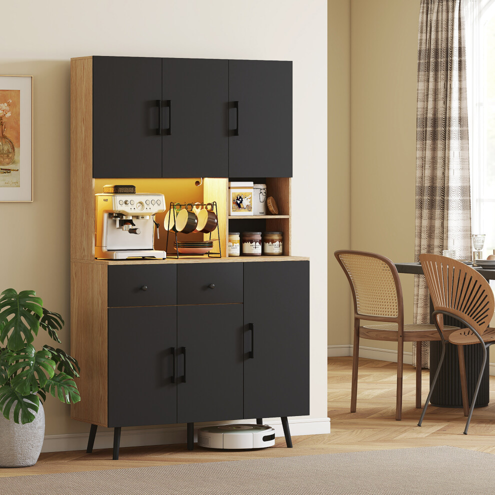 HOMCOM Tall Kitchen Cupboard with LED Lights and Adjustable Shelves, Oak