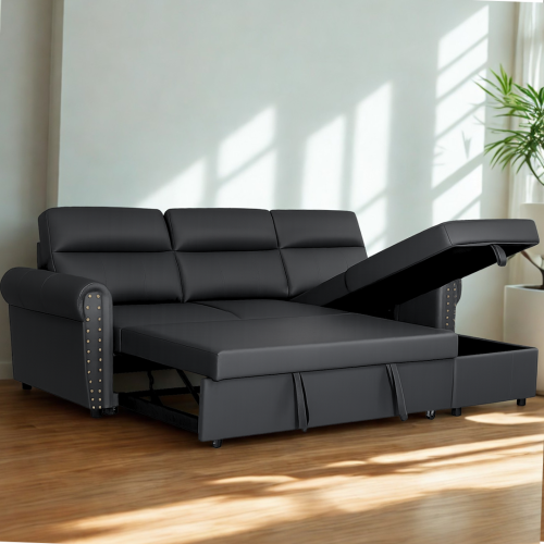 (Black) Universal Roma Air Leather Sofa Bed Chaise L Shape Corner Sofa Convertible Sofa Pull-Out, Hidden Storage Sleeper Couch with Fold-Out Bed