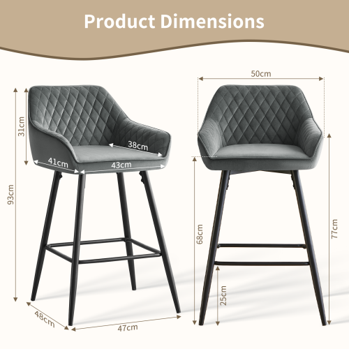 AINPECCA 1 PCS Bar Stool Velvet Breakfast Chair Pub Grey 2