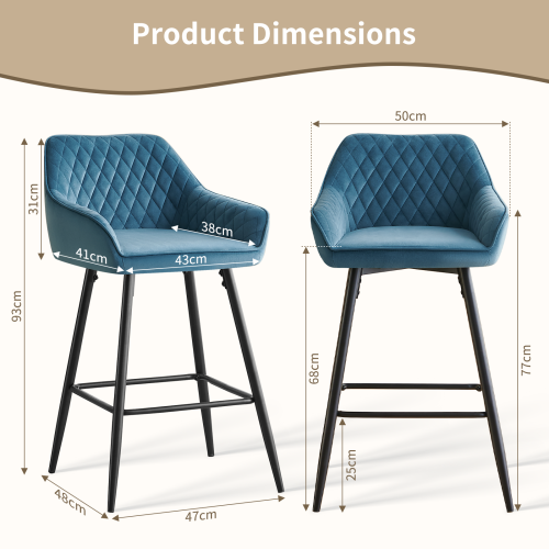 AINPECCA 2PCS Bar Stool Velvet Breakfast Bar Chair Pub Teal 2