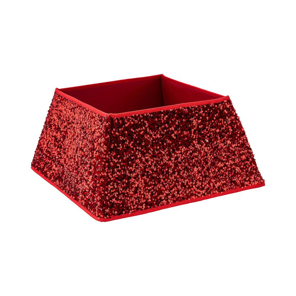 (Red) Dazzling Sequin Square Christmas Tree Skirt Stand Base Xmas Natural Folding Collar Basket Cover Decoration Tidy Home Decor 48 x 48 x 25cm-image-OPC-PHYYXGV-NEW