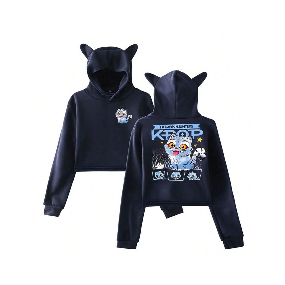 (navy blue, XL) Demon Hunters KPop Demon Hunters cute cartoon cat ears cropped hoodie sweatshirt