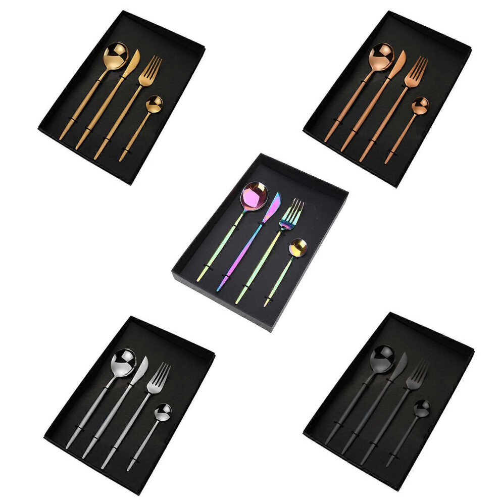 (, One Size) 4Pcs Stainless Steel Flatware Cutlery Set Knife Fork Spoon Mirror Polished Western Food Teaspoon Kitchen Kit Black