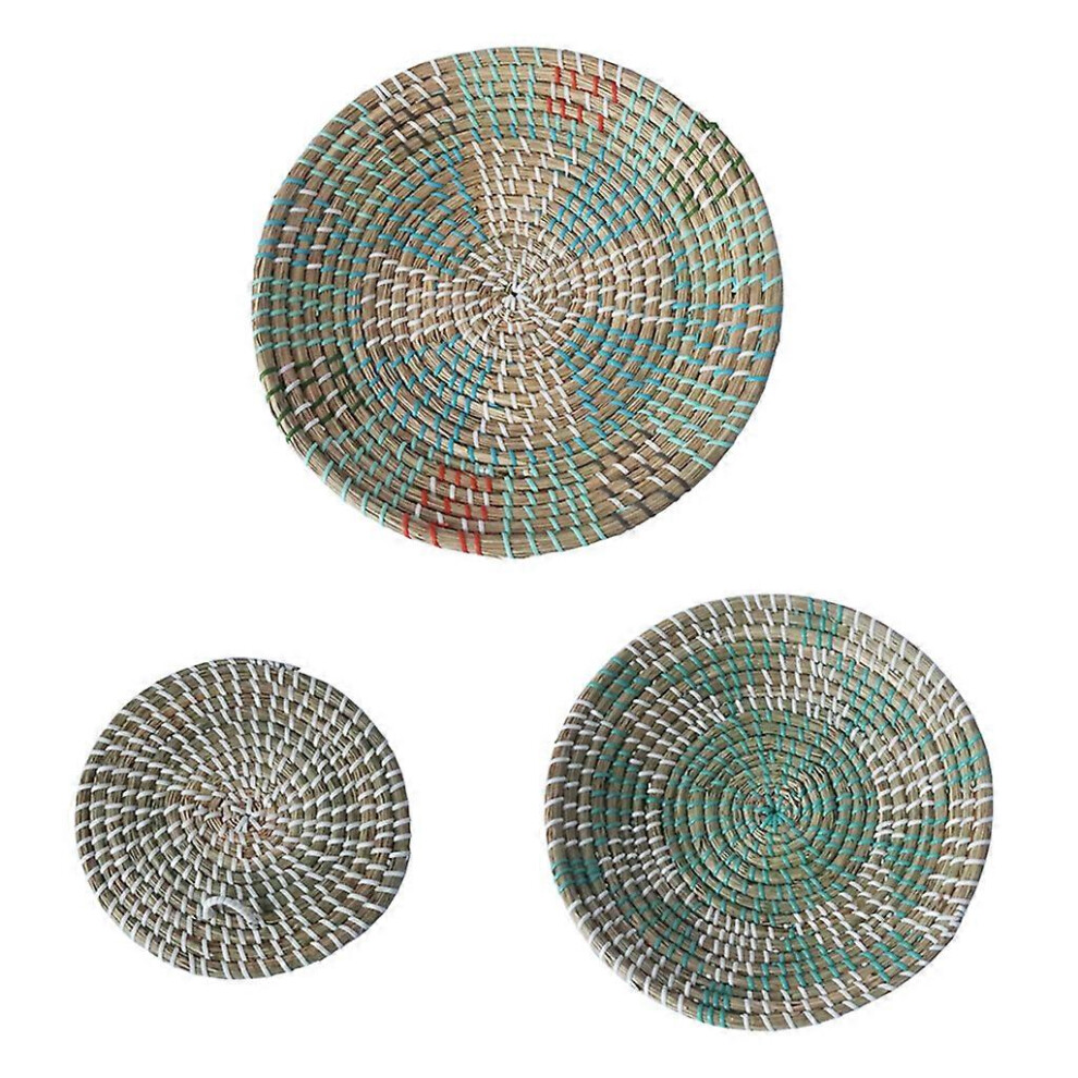 (As show, One size) 3pcs Boho Woven Wall Basket Decor Handmade Seagrass Round Hanging Decorative Fruit Dessert Trays for Living Room Bedroom Kitchen