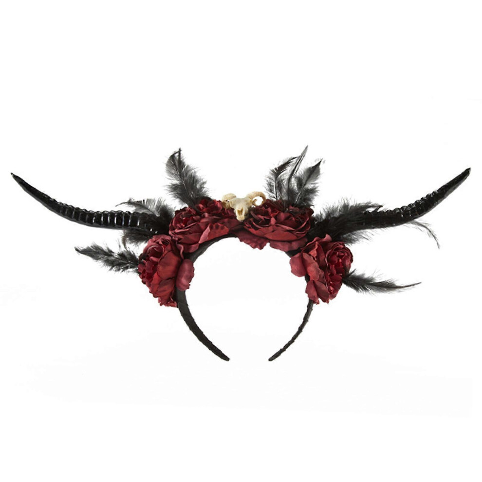(As show, One size) Unisex Halloween Hair Hoop Devil Sheep Horn Shape for Head Band with Flower Decor Cosplay Costume Masquerade Party Headp