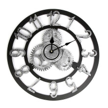 (As show, One size) 3D Retro Rustic Vintage Wooden Noiseless Steampunk Gear Wall Clock Number For Ho Silver