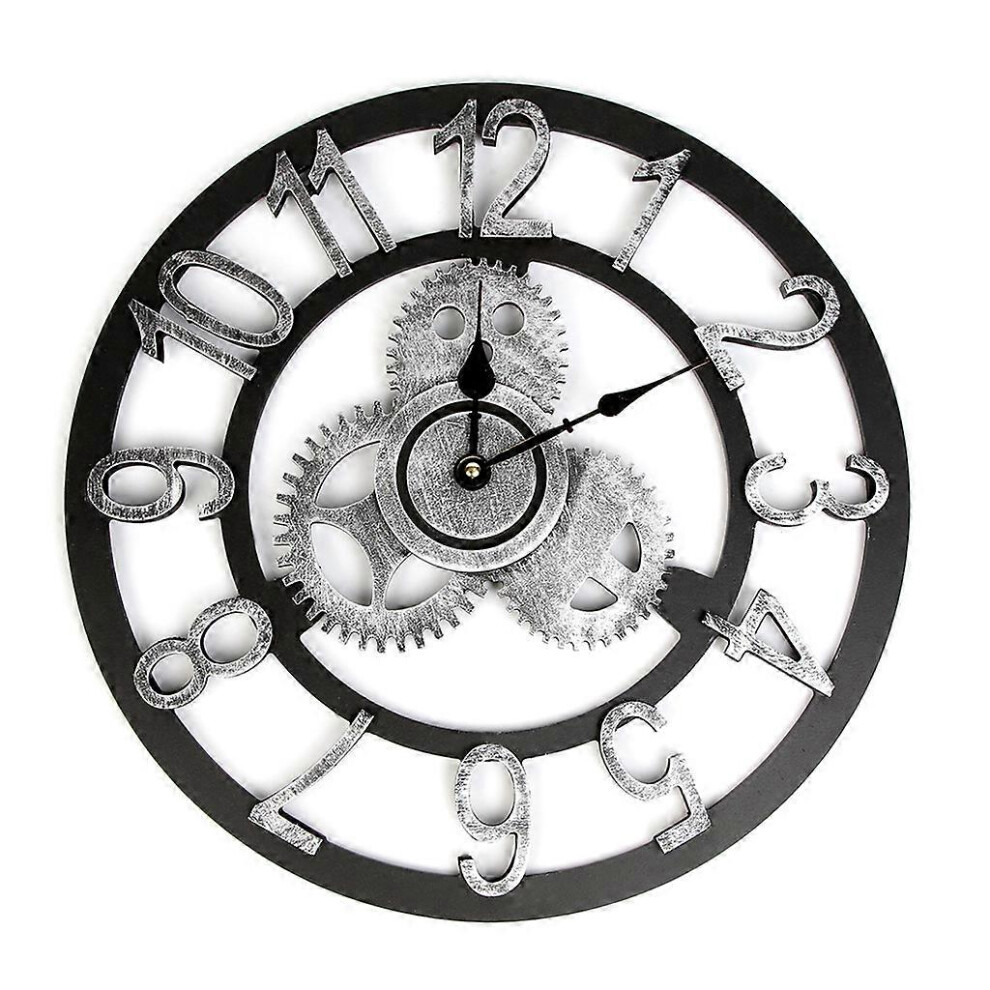(As show, One size) 3D Retro Rustic Vintage Wooden Noiseless Steampunk Gear Wall Clock Number For Ho  Silver