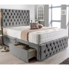 (Grey (with Mattress), 4ft Small Double (without Drawer)) Chesterfield Divan Double Bed Plush 54" High Chesterfield Headboard with Mattress and 2 or 4 Storage Drawers Option | Hand Made UK