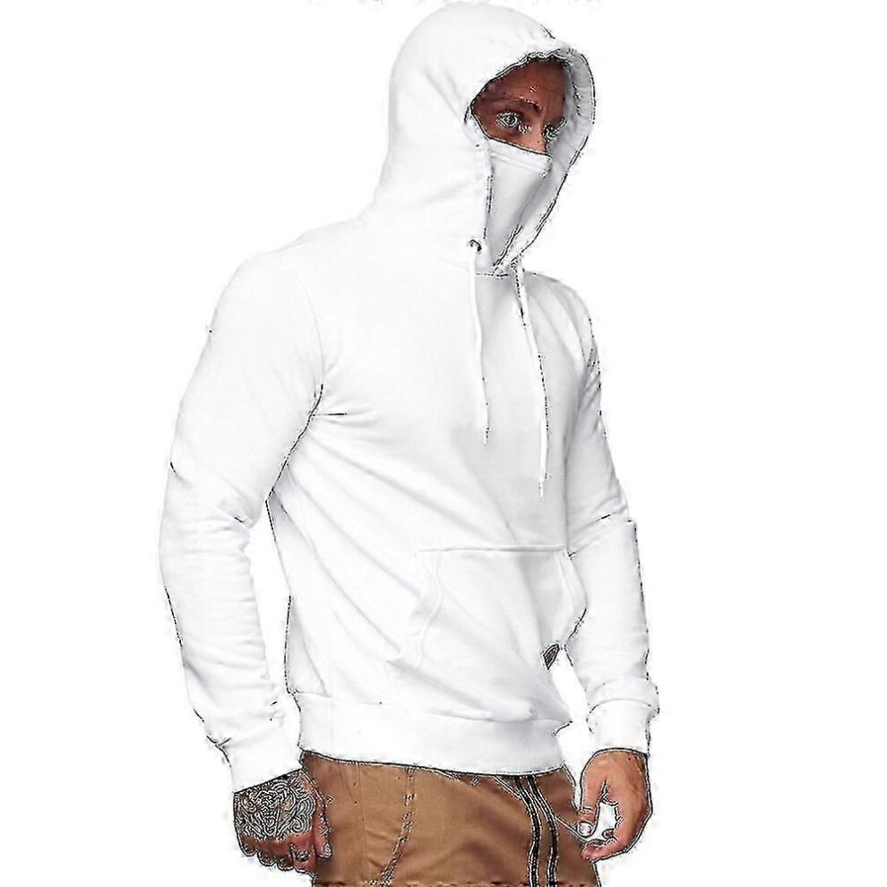 (White, M) Mens Plain Hooded Sweatshirt Ninja Masks Hoodies Pullover Long Sleeve Sports Casual Tops - Kc