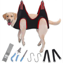 (BLUE, L) Pet Dog Grooming Hammock Harness With Nail Clippers, Trimmer, Nail File, Comb - Breathable Restraint Bag