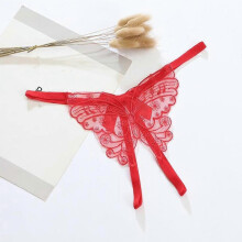 (Hot Pink, L) Ladies Sexy Thong Butterfly Embroidered Crotchless Panties See-through Lace Low Waist Sexy Thong G String Lingerie For Women