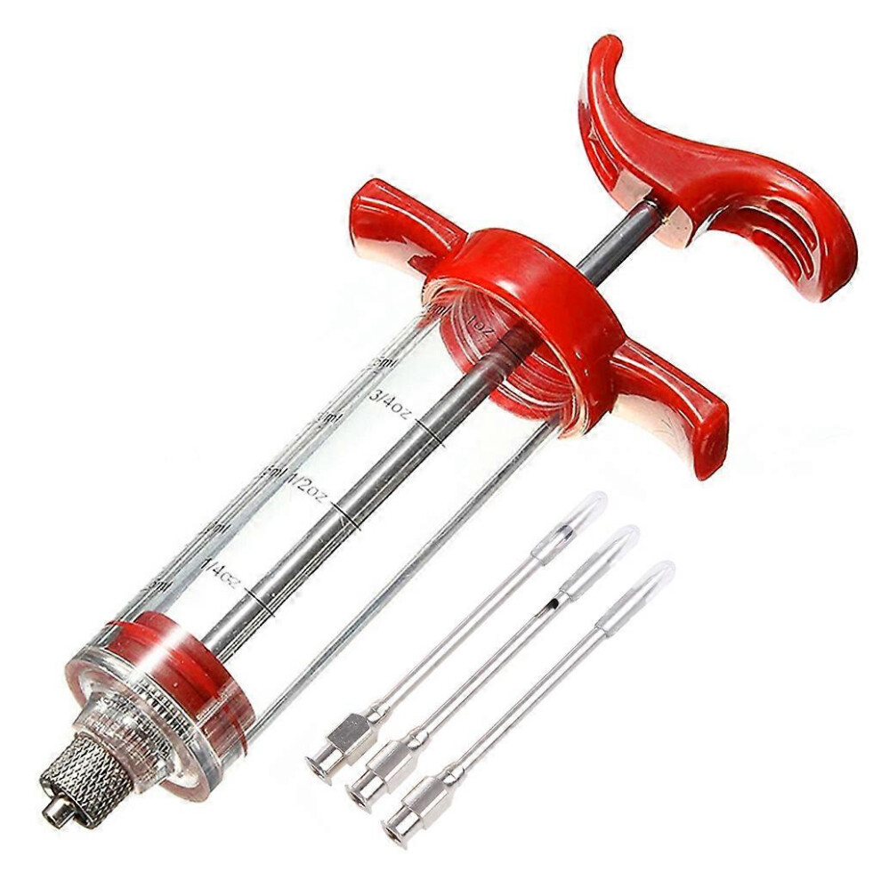 (As Show, One Size) Meat Injector Plastic Bbq Marinade Injectors Turkey Injector Syringe 3 Stainless Steel Meat Needles For Turkey Bbq Grill Red