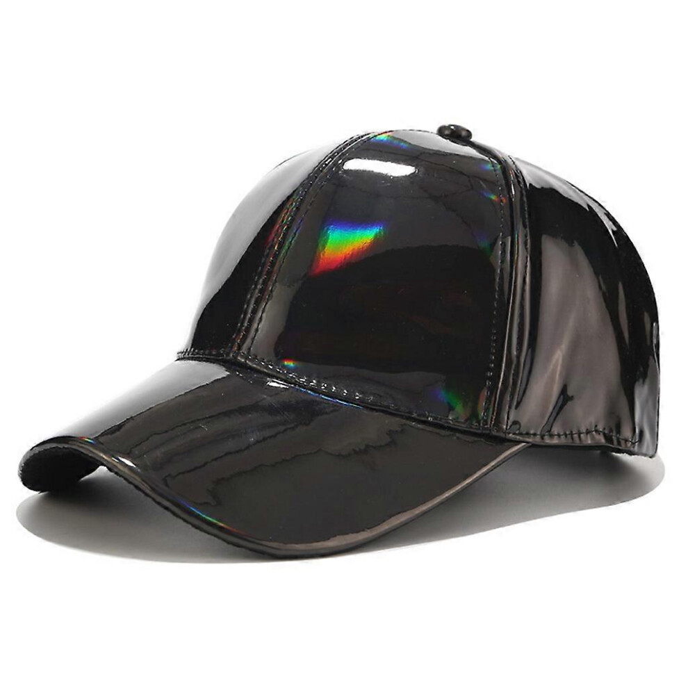 (, One Size) Imitation Leather Baseball Cap Holographic Rainbow Shiny Metallic Sunscreen Outdoor Sports For Snapback Trucker Dad Hat Black
