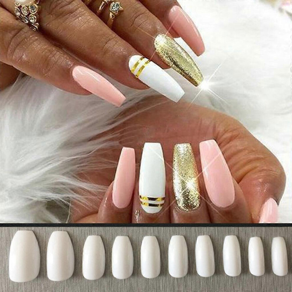 (As show, One size) Coffin Fake Nails Long Ballet False Nail Tips Solid Color Mirror Press On Wearable Artificial Nail Home Salon Manicure