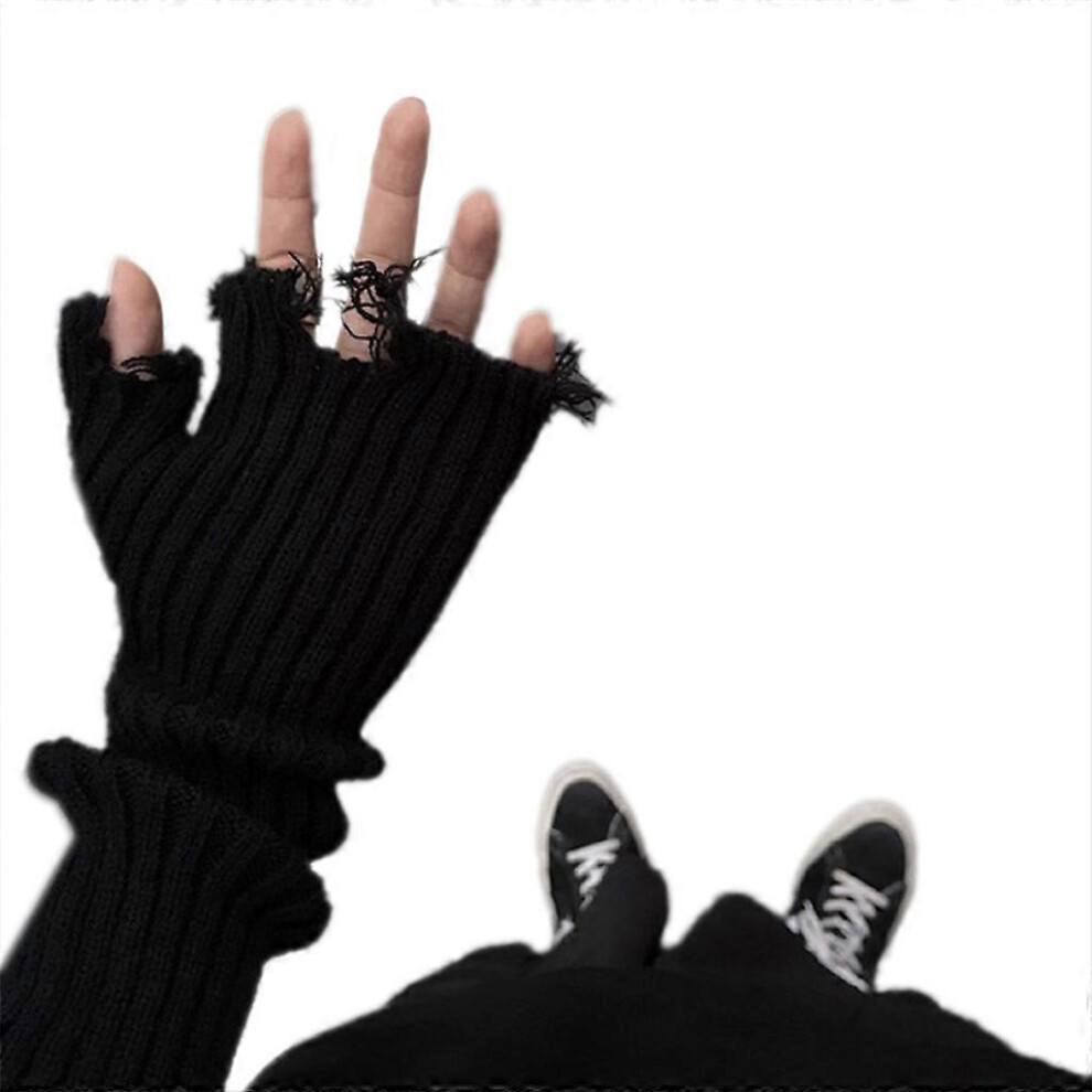 (Apricot, One Size) Punk Tattered Hand Gloves Stretchy Elbow Length Mittens Long Fingerless Sleeves Arm Warmer Sleeve Knit Arm Sleeves Black