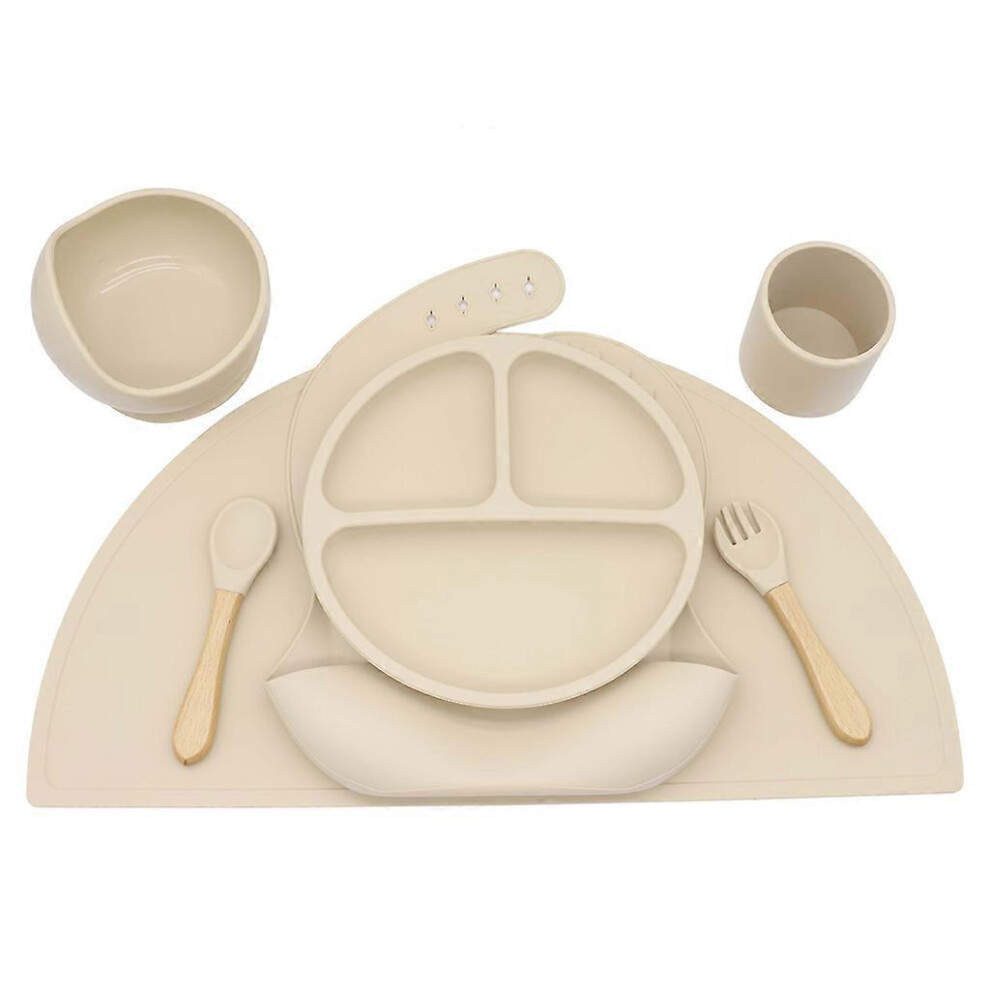 (, One Size) Baby Silicone Bib Divided Dinner Plate Suction Bowl Spoon Fork Water Cup Placemat Set Training Feeding Food Utensil Dishes Tablewar Orange