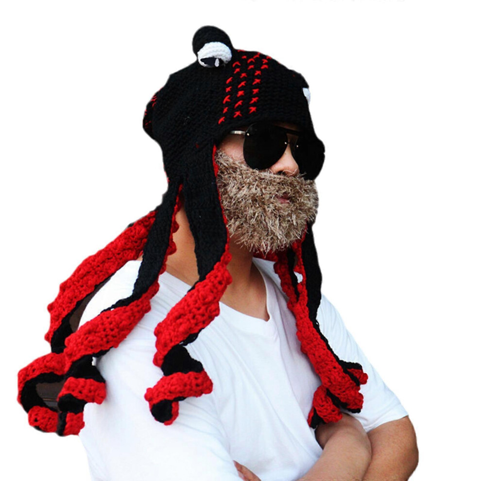 (Rose red and white, One size) Cute and Funny Knitted Hat Crochet Wool Hat Octopus Beard Hat Octopus for Head Hat Animal Hat for Outdoor Activities  B-image-OPC-PHYZDGC-NEW
