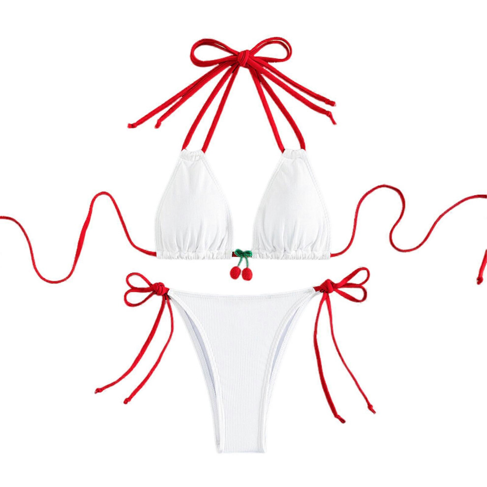 (L, White) Women Halters of Bikinis Set Female  Swimsuits Two Pieces Split Swimwears Summer Highs Cut Bathing Suit for Beachwears  White S