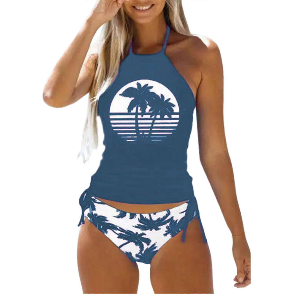 (M, Blue) Women Two Pieces Split Swimsuits Tummys Control Bikinis Set Female Coconuts Tree Print Bathing Suit for Vacations  Blue S