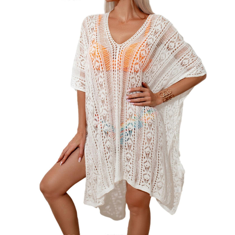 (As show, One size) Women V-neck Crochet Coverup Swimwear Hollow-Out Bikinis Dress Coverups Swimsuit Cover Body Protections Beachwear Shirt  White