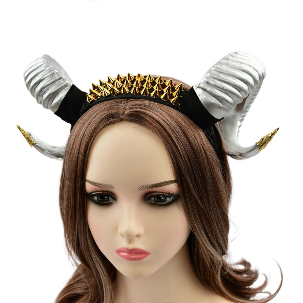 (White, One size) Adult Halloween Headband Devil Ox Curved Horn Hair Hoop Demon Cosplay Costume Masquerade Party Shoot Movie Headpiece  Silver