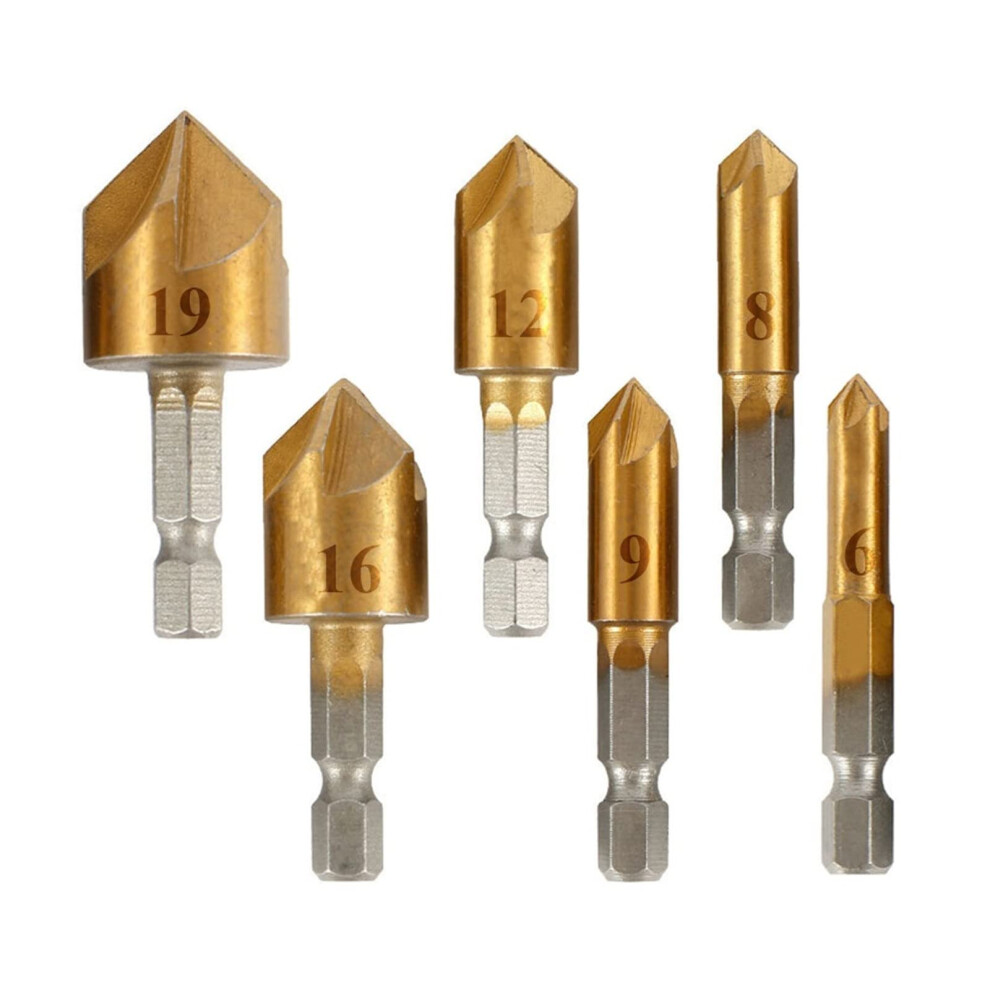 6Pcs Hss Chamfer Countersink Chamfer Drill Bit Set 1/4 Hex Shank 90 Degree Wood Chamfering Cutter 6Mm-19Mm (Color : 6Pcs) 477169039804